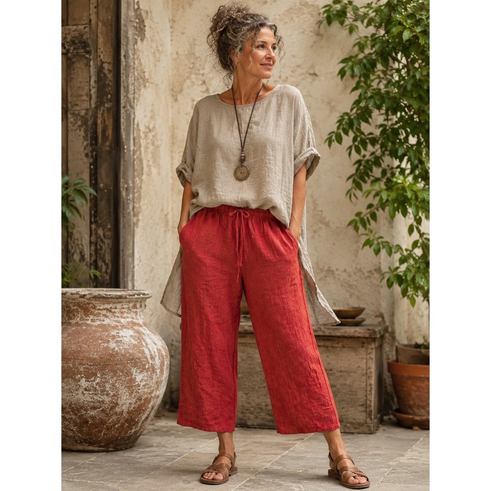 Orvis 100% Linen Elastic Waist Drawstring Crop Pants Button Slit Back Red Small - Picture 15 of 15